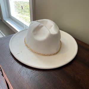 White Cowboy Hat NWOT Adjustable Strings on Inside and Gold Chain